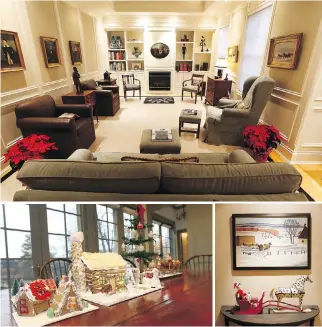  ??  ?? Joan and Derek Burney put out a coffee-table book on how to decorate with history (Canadiana antiques) in a modern home and not have it feel like a museum. For the Burneys, it wouldn’t be Christmas without a gingerbrea­d log house. Their 15...