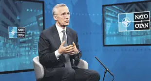  ?? ?? NATO Secretary-General Jens Stoltenber­g speaks during an interview in Brussels, Belgium, March 15, 2024.