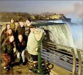  ?? PHOTO PROVIDED ?? Front, from left: Erin Stacy, Coach Chasity Masterson and Colin Burger; center Jasmine Huff and Peter Kenney; and back: Dylan Pohl, Kody Horan and Sean White, at Niagra Falls while in New York for bowling Nationals.