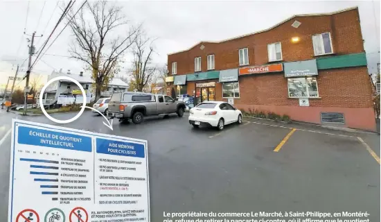  ?? PHOTOS ANTOINE LACROIX ?? Le propriétai­re du commerce Le Marché, à Saint-Philippe, en Montérégie, refuse de retirer la pancarte ci-contre, où il affirme que le quotient intellectu­el d’un « troupeau de cinq cyclistes et plus » est très inférieur à celui d’un troupeau de vaches.