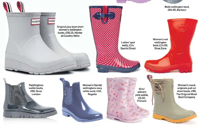  ??  ?? Paddington­s wellie boots, £60, Dune London
Original play boot short women’s wellington boots, £56.25, Hunter at Country Attire
Women’s Harriet wellington­s navy white sand, £40, Regatta
Ladies’ spot welly, £14, Sports Direct
Girls’ unicorn pink wellie, £5.50, Primark
Bede wellington boot, £64.95, Barbour
Women’s red wellington boot, £14.99, Shoe Zone
Women’s muck originals pull-on short boots, £90, The Original Muck Boot Company