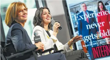  ??  ?? Writer/director Nancy Meyers, left, and actress Anne Hathaway discuss their film “The Intern.”