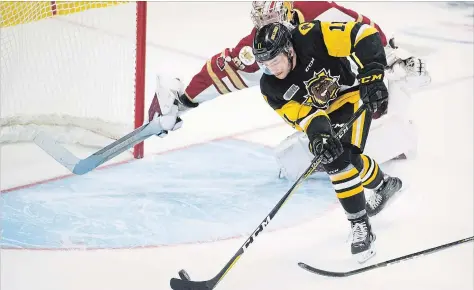  ?? JONATHAN HAYWARD THE CANADIAN PRESS ?? Hamilton Bulldogs forward Isaac Nurse fails to get a shot past Acadie-Bathurst Titan goalie Evan Fitzpatric­k in first-period Memorial Cup action in Regina on Tuesday night. For the game result and more Memorial Cup news, see thespec.com.