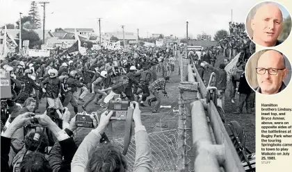  ?? STUFF ?? Hamilton brothers Lindsay, inset top, and Bryce Amner, above, were on opposite sides of the battleline­s at Rugby Park when the touring Springboks came to town to play Waikato on July 25, 1981.