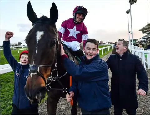  ??  ?? Rob James and Gordon Elliott in happier times after the success of Milan Native, the jockey’s first Cheltenham Festival winner last March. See report on Elliott’s troubled week on page 53.