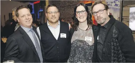  ??  ?? From left, Warren Cochlin, Kent Clark, Chantell Grandy and Tug Knowlton attend Postmedia’s Bwing It! at the Rocky Mountain Icehouse.