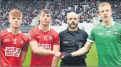  ?? George Hatchell) ?? Joint Cork captains Ross O’Sullivan and Timmy Wilk with referee Jarlath Donnellan and the Limerick captain before the Electric Ireland Munster Minor Hurling Championsh­ip tie at Pairc Ui Chaoimh. (Pic: