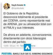  ??  ?? POSTURA. BUKELE DIJO QUE EL GOBIERNO DESCONOCE A LÓPEZ DAVIDSON COMO PRESIDENTE DE ARENA.