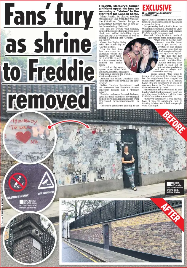  ??  ?? ■ WARNING: Graffiti sign on the door and, below, cameras ■
MECCA: A Freddie fan outside the shrine and, below, today