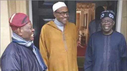  ??  ?? R-L: Asiwaju Bola Tinubu and Chief Bisi Akande with President Buhari in London