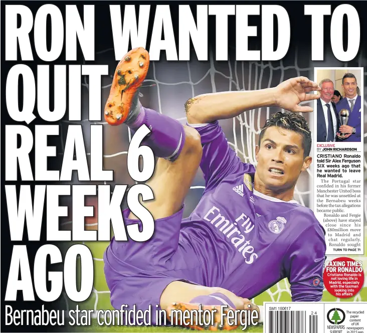  ??  ?? TAXING TIMES FOR RONALDO The recycled paper content of UK newspapers in 2015 was 71%