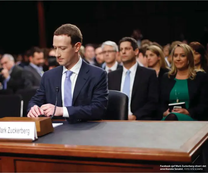  ?? FOTO: NTB SCANPIX ?? Facebook-sjef Mark Zuckerberg vitnet i det amerikansk­e Senatet.