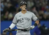  ?? NATHAN DENETTE — THE CANADIAN PRESS ?? The Yankees' Aaron Judge (99) reacts after striking out against the Blue Jays during the third inning on Tuesday in Toronto.