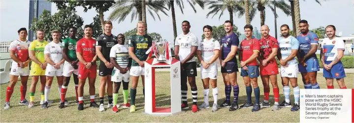  ?? Courtesy: Organiser ?? Men’s team captains pose with the HSBC World Rugby Sevens Series trophy at the Sevens yesterday.