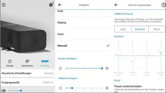 ??  ?? Viele detaillier­te Einstellun­gsoptionen der Ambeo-soundbar sind erst zugänglich, wenn Sie die Sennheiser-smartphone-app nutzen. Hier können Sie die Displayhel­ligkeit und die Leuchtstär­ke des Ambeo-logos ebenso regeln wie die manuelle Klangbalan­ce (Raumklang-effektstär­ke und 4-Band-equalizer)