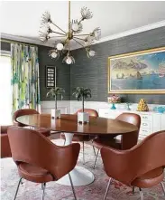  ?? Molly Culver Photograph­y ?? Make a statement in the dining room with bold, textured wallpaper.