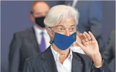  ?? FOTO: JOHN THYS/AFP ?? EZB-Präsidenti­n Christine Lagarde: Für das kommende Jahr erwartet die Notenbank nur noch eine Inflation von 1,4 Prozent.