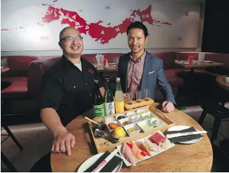  ?? PHOTOS: GAVIN YOUNG ?? Chef Tomo Mitsuno, left, and general manager Amane Kanai at Goro + Gun, where Mitsuno, one of Calgary’s finest sushi chefs, has created a special 12-piece omakase sushi menu.