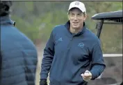  ?? Andy Cross / The Denver Post ?? Avalanche executive vice president and general manager Joe Sakic chats with coach Jared Bednar before teeing off for his 23rd annual golf tournament Sept. 10 at Sanctuary Golf Course in Sedalia.