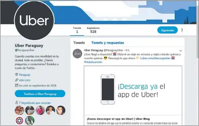  ??  ?? La empresa Uber anunció su llegada a través de sus redes sociales. En la Comuna sigue en estudio la polémica ordenanza que los regularía a esta y a MUV. Mientras, no existe nada que las reglamente.