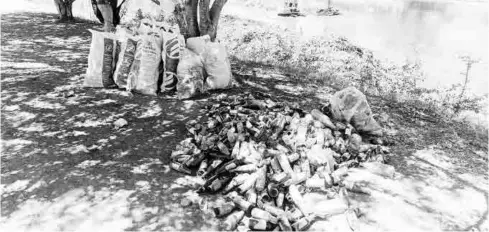  ?? FOTO: CARLOS MONTOYA ?? Varios costales y bolsas fueron llenados de botellas de vidrio vacías en el río.