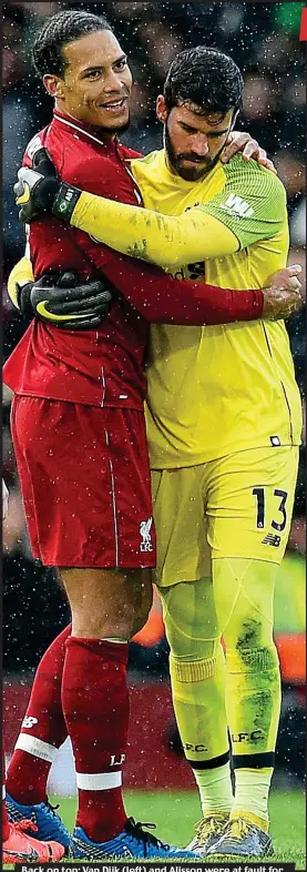  ?? GETTY IMAGES ?? Back on top: Van Dijk (left) and Alisson were at fault for Fulham’s goal, but hug after the whistle