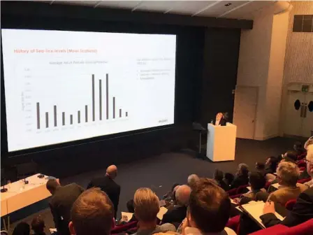  ??  ?? Above: Gideon Pringle explains Mowi’s sea lice strategy at the Fisheries Management Scotland conference