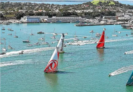  ?? VOLVO OCEAN RACE ?? Dongfeng leads the fleet on the Waitemata Harbour yesterday.