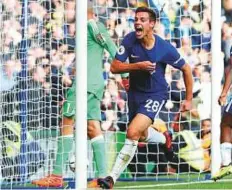  ?? Reuters ?? Chelsea’s Cesar Azpilicuet­a celebrates scoring the third goal against Watford. Chelsea won 4-2.