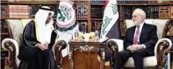  ?? — KUNA ?? President of Arab Parliament Mishaal Bin Fahad Al-Salmi holds talks with Iraqi Foreign Minister Ibrahim Al-Jaafari.