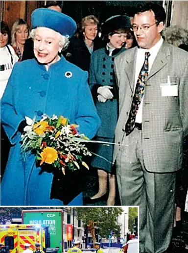  ??  ?? At her side: Dr Peter Fisher had been on the monarch’s medical team since 2001. Left, the scene after the accident