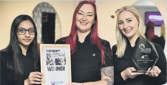  ??  ?? Salon of the Year winner: Kirsty’s Hair and Beauty at Welland Road. Kirsty Brown with Maimoona Bibi and Khala Brown with the award.