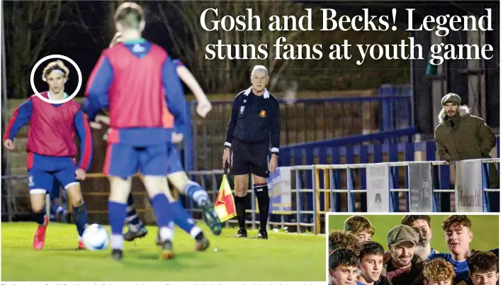  ??  ?? That’s my boy: David Beckham, in flat cap, watches son Romeo, circled, play – and get booked – in match