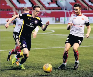  ??  ?? Challenge Ross Kavanagh holds off two Clyde defenders