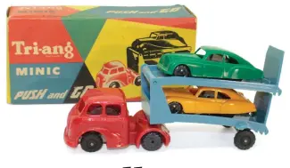  ?? ?? Above: Super Minic Push and Go car transporte­r was a popular lot.