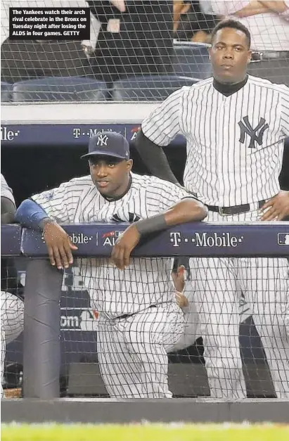  ??  ?? The Yankees watch their arch rival celebrate in the Bronx on Tuesday night after losing the ALDS in four games. GETTY