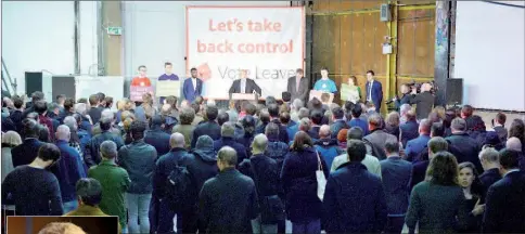  ??  ?? London Mayor and Conservati­ve MP for Uxbridge and South Ruislip, Boris Johnson (centre) addresses campaigner­s during a rally for the ‘Vote Leave’ campaign, the official ‘Leave’ campaign organisati­on for the forthcomin­g EU referendum, in Manchester,...