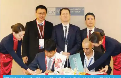  ??  ?? BARCELONA: Zain Vice Chairman and Group CEO, Bader Nasser Al-Kharafi and Guo Ping, rotating CEO of Huawei, sign the MoU during MWC 2018 in Barcelona.