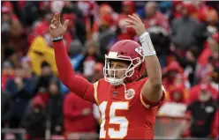  ?? ED ZURGA — THE ASSOCIATED PRESS ?? Kansas City Chiefs quarterbac­k Patrick Mahomes (15) celebrates following an NFL football game against the Los Angeles Chargers in Kansas City, Mo., Sunday, Dec. 29, 2019. Kansas City Chiefs won 31-21.