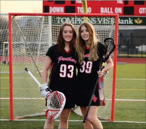  ?? COURTESY OF KATRINA DOERR ?? Juniors Karissa Doerr, left, and Jocelyn Doerr wear yellow and purple tape on their sticks — as do their Schuylkill Valley lacrosse teammates — in support of osteosarco­ma and Hodgkin’s lymphoma.