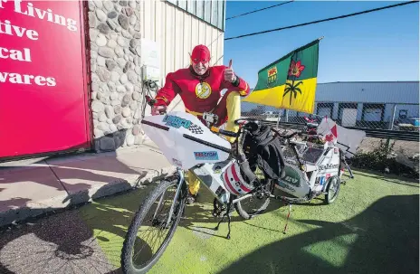  ?? LIAM RICHARDS ?? Danny “Hurricane” Halmo, seen at Peavy Mart in the city on Wednesday, is expected to finish his ride in early 2019 in Halifax.