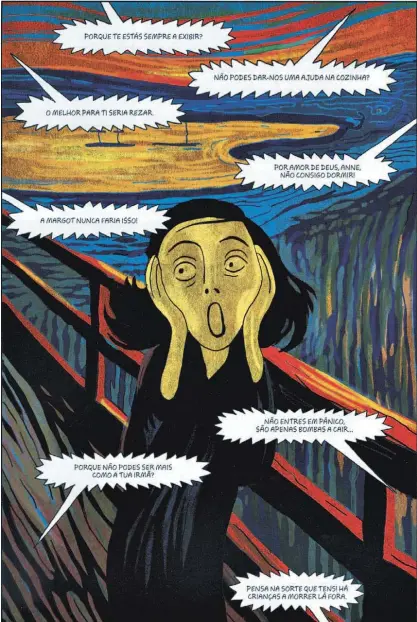  ??  ?? Uma das páginas da novela gráfica usa O Grito de Munch para condensar a dureza da vida de Anne Frank