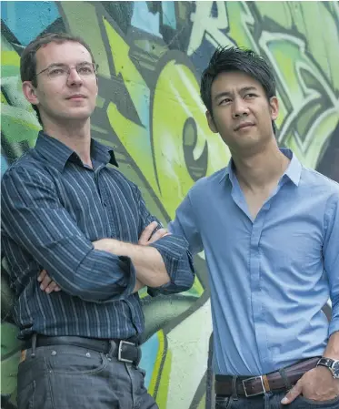  ?? Graham Hughes for National Post ?? Tri Nguyen, right, and Eduard Lucic, creators of the music app Groove, pride themselves
on constant and continuous communicat­ion with the app’s users.