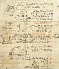  ??  ?? Tratado de mates. El papiro Rhind fue redactado hacia 1650 a. C. en escritura hierática, más rápida y simple que la jeroglífic­a.