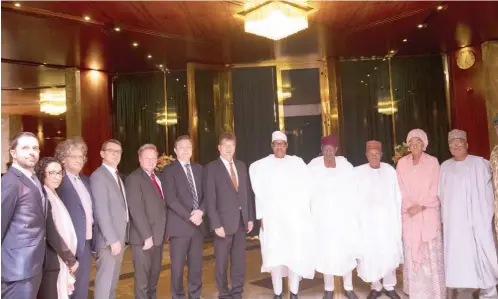  ?? President Muhammadu Buhari (M) flanked by the EU Delegation and Cabinet members during the Courtesy visit by the European Union Commission­er for Crisis Management held at the State House in Abuja. PHOTO; State House ??