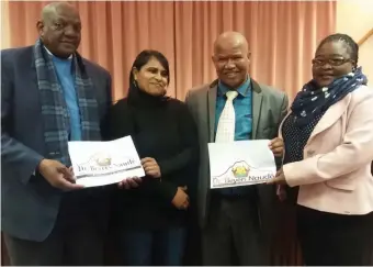 ??  ?? The Municipal Manager of the Dr Beyers Naude Local Municipali­ty with the designer of the new logo, Elva Aldridge, Mayor Deon De Vos and Speaker Thembisa Nonnies.