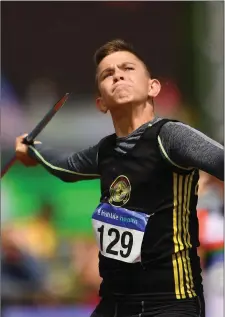  ??  ?? Karlis Kaugars of Dunleer AC won the Leinster javelin title in fine style. Photo: Ramsey Cardy/Sportsfile