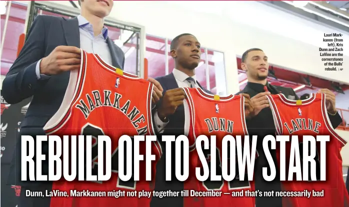  ??  ?? Lauri Markkanen ( from left), Kris Dunn and Zach LaVine are the cornerston­es of the Bulls’ rebuild. | AP