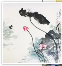  ??  ?? 馮艷芳(圓圖)的蜻蜓在荷葉上跳舞的­畫作(右圖)，獲第54屆美國水墨畫­協會最佳作品獎。
(馮艷芳提供)