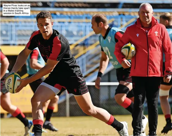  ?? ?? Wayne Pivac looks on as Kieran Hardy take spart in a Wales training session in South Africa